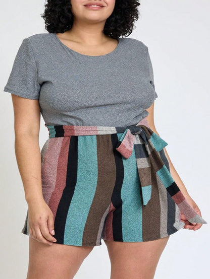 Boho  Retro 60's Romper Stripe Shorts Short Sleeve With Sash Jumpsuit