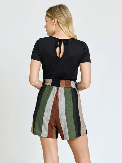 Boho  Retro 60's Romper Stripe Shorts Short Sleeve With Sash Jumpsuit