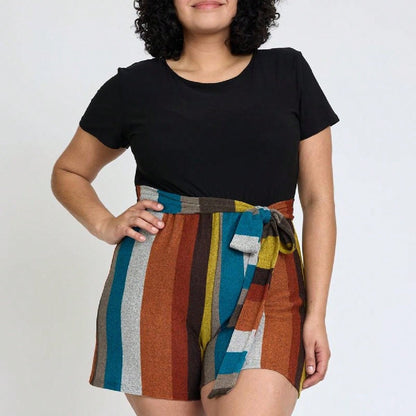 Boho  Retro 60's Romper Stripe Shorts Short Sleeve With Sash Jumpsuit