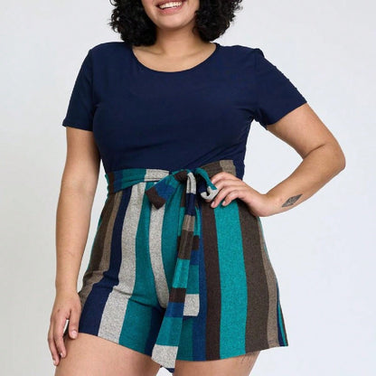 Boho  Retro 60's Romper Stripe Shorts Short Sleeve With Sash Jumpsuit