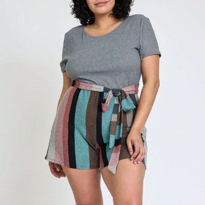 Boho  Retro 60's Romper Stripe Shorts Short Sleeve With Sash Jumpsuit
