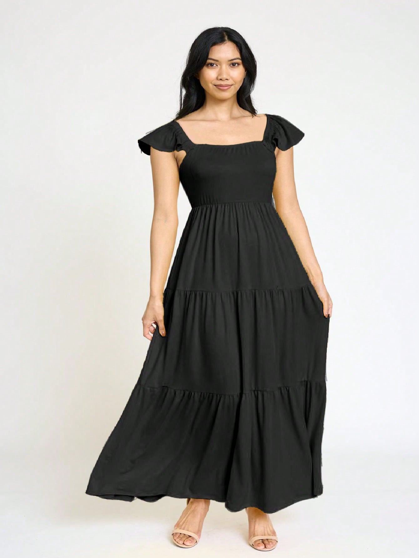 Boho Retro Tiered Long Dress Black Olive Yellow Mint Navy Ruffle Flutter Sleeve