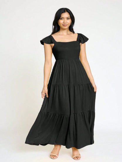 Boho Retro Tiered Long Dress Black Olive Yellow Mint Navy Ruffle Flutter Sleeve