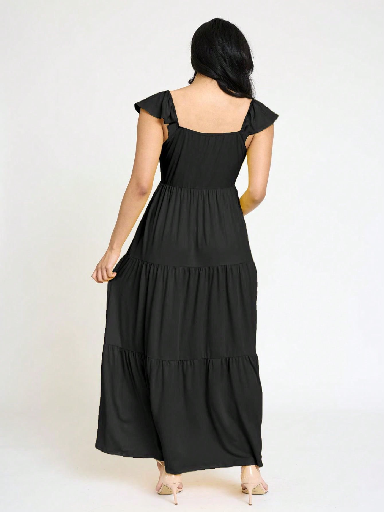 Boho Retro Tiered Long Dress Black Olive Yellow Mint Navy Ruffle Flutter Sleeve