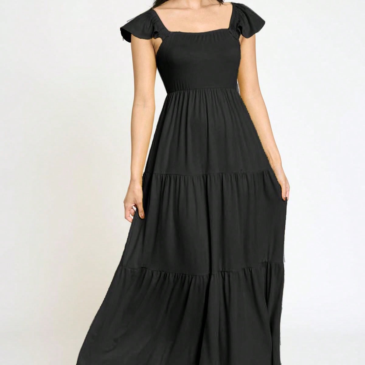 Boho Retro Tiered Long Dress Black Olive Yellow Mint Navy Ruffle Flutter Sleeve