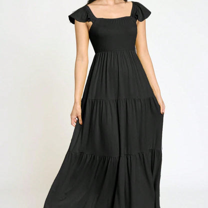 Boho Retro Tiered Long Dress Black Olive Yellow Mint Navy Ruffle Flutter Sleeve