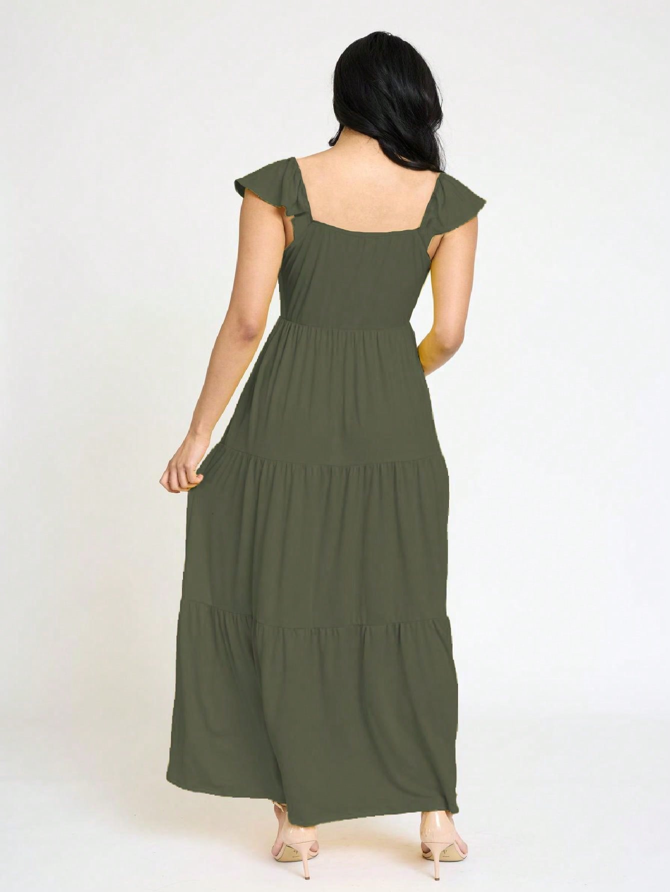 Boho Retro Tiered Long Dress Black Olive Yellow Mint Navy Ruffle Flutter Sleeve