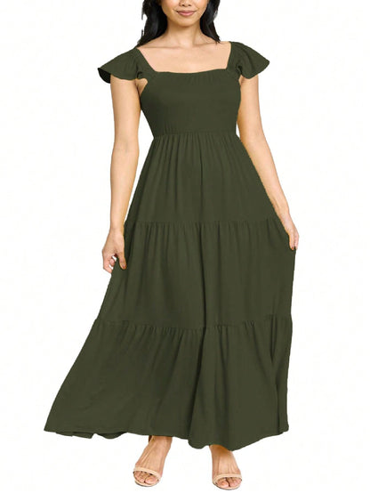 Boho Retro Tiered Long Dress Black Olive Yellow Mint Navy Ruffle Flutter Sleeve