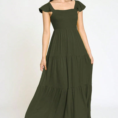Boho Retro Tiered Long Dress Black Olive Yellow Mint Navy Ruffle Flutter Sleeve