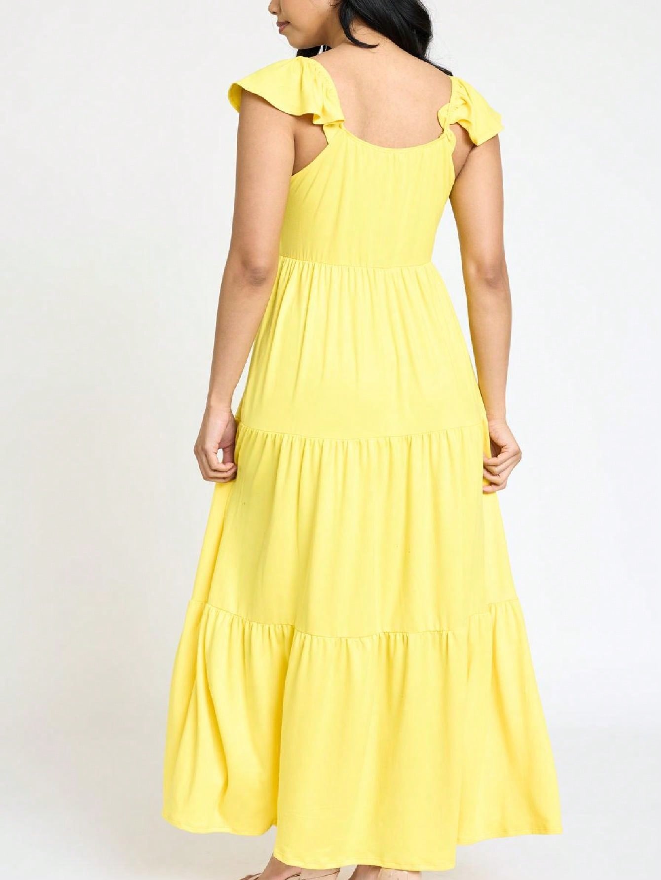 Boho Retro Tiered Long Dress Black Olive Yellow Mint Navy Ruffle Flutter Sleeve