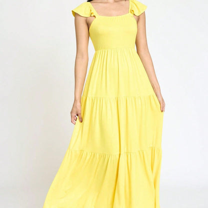 Boho Retro Tiered Long Dress Black Olive Yellow Mint Navy Ruffle Flutter Sleeve