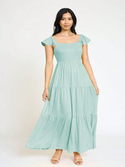 Boho Retro Tiered Long Dress Black Olive Yellow Mint Navy Ruffle Flutter Sleeve