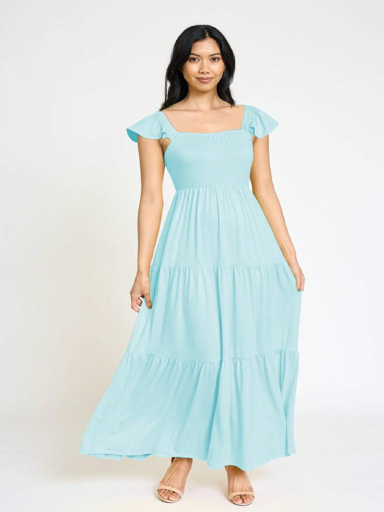Boho Retro Tiered Long Dress Black Olive Yellow Mint Navy Ruffle Flutter Sleeve