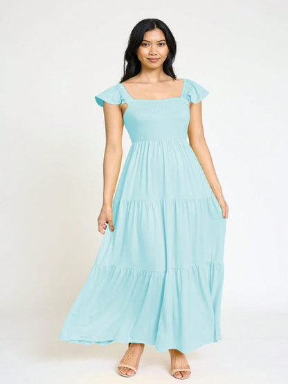 Boho Retro Tiered Long Dress Black Olive Yellow Mint Navy Ruffle Flutter Sleeve