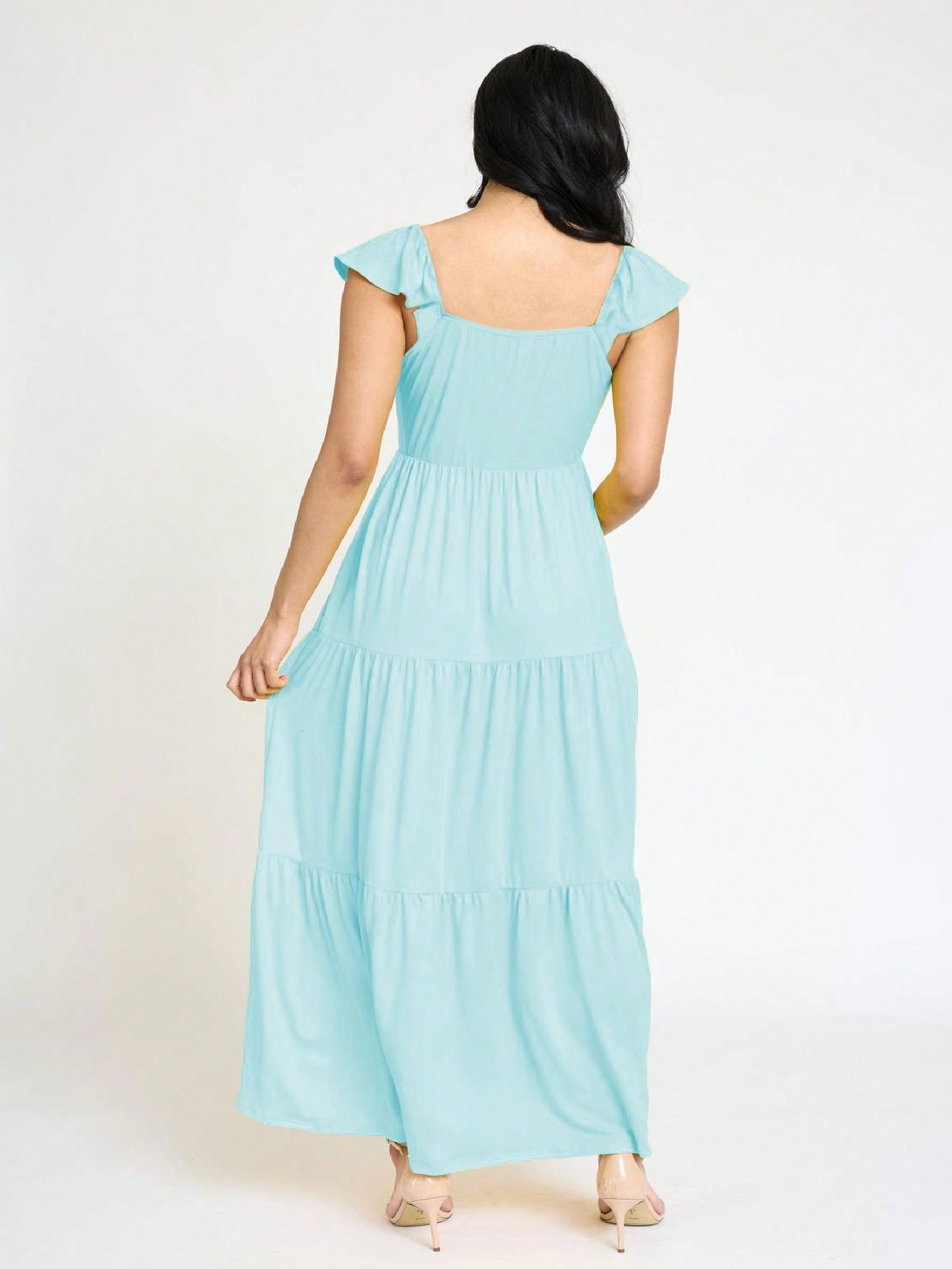 Boho Retro Tiered Long Dress Black Olive Yellow Mint Navy Ruffle Flutter Sleeve