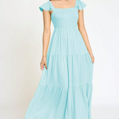 Boho Retro Tiered Long Dress Black Olive Yellow Mint Navy Ruffle Flutter Sleeve
