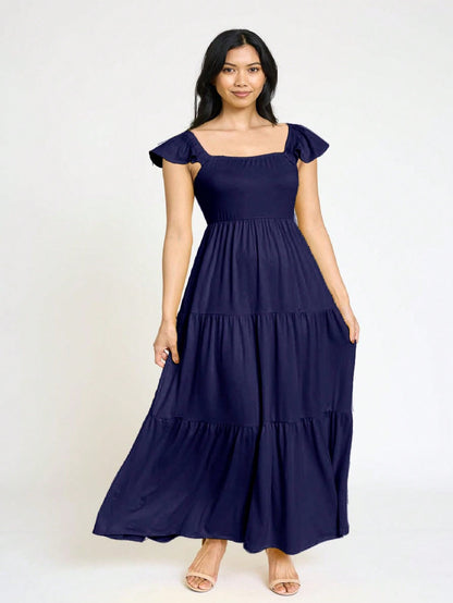Boho Retro Tiered Long Dress Black Olive Yellow Mint Navy Ruffle Flutter Sleeve