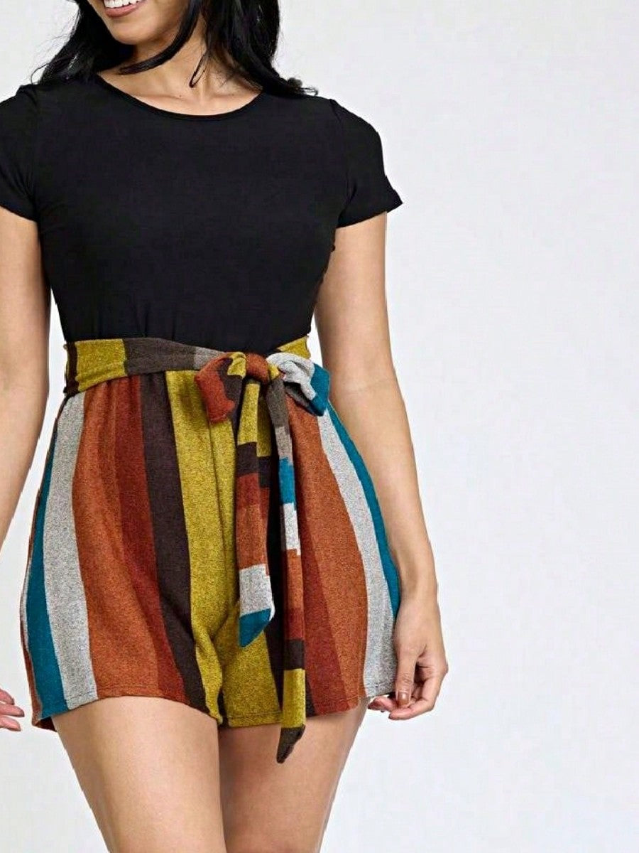 Boho  Retro 60's Romper Stripe Shorts Short Sleeve With Sash Jumpsuit