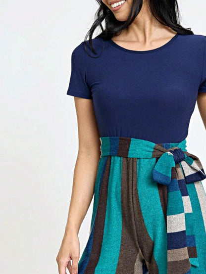 Boho  Retro 60's Romper Stripe Shorts Short Sleeve With Sash Jumpsuit