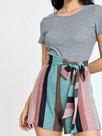 Boho  Retro 60's Romper Stripe Shorts Short Sleeve With Sash Jumpsuit