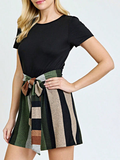 Boho  Retro 60's Romper Stripe Shorts Short Sleeve With Sash Jumpsuit