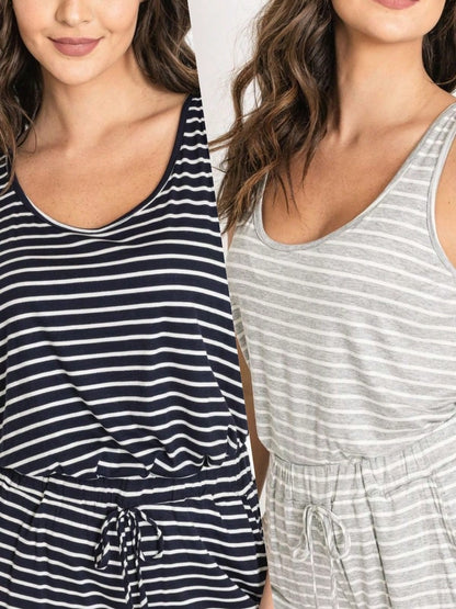 Navy /Grey Rayon Top Summer Cool Rayon Stripe Round Neck Sleeveless  Blouse Tunic Top  Small To 3 XL Plus