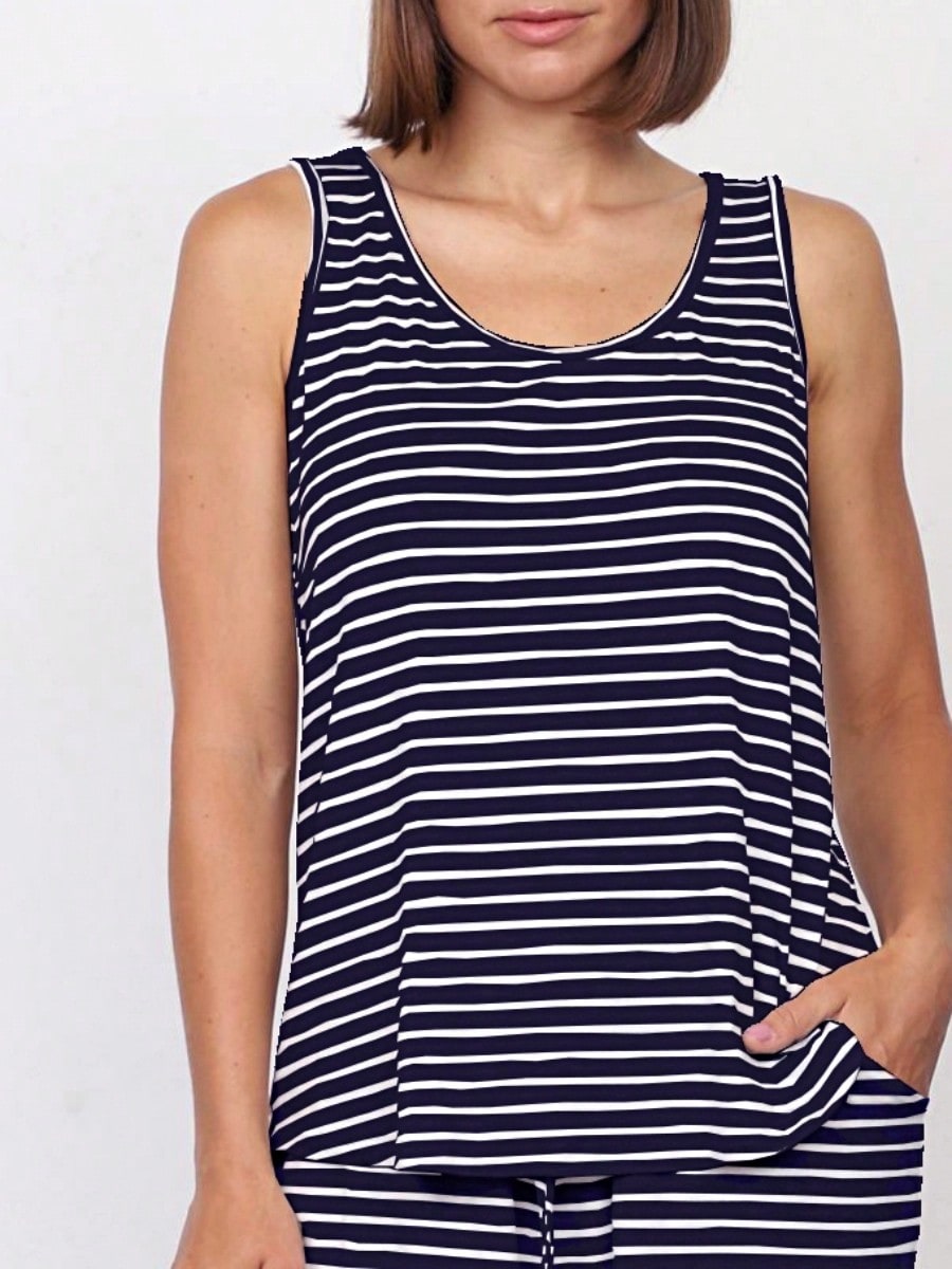 Navy /Grey Rayon Top Summer Cool Rayon Stripe Round Neck Sleeveless  Blouse Tunic Top  Small To 3 XL Plus