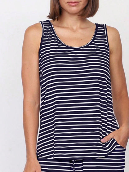 Navy /Grey Rayon Top Summer Cool Rayon Stripe Round Neck Sleeveless  Blouse Tunic Top  Small To 3 XL Plus