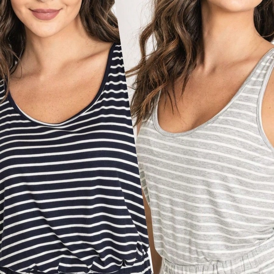 Navy /Grey Rayon Top Summer Cool Rayon Stripe Round Neck Sleeveless  Blouse Tunic Top  Small To 3 XL Plus