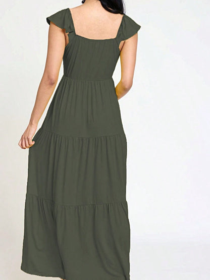 Boho Retro Tiered Long Dress Black Olive Yellow Mint Navy Ruffle Flutter Sleeve