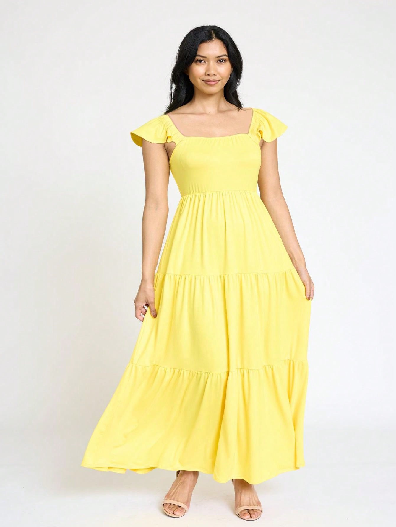 Boho Retro Tiered Long Dress Black Olive Yellow Mint Navy Ruffle Flutter Sleeve