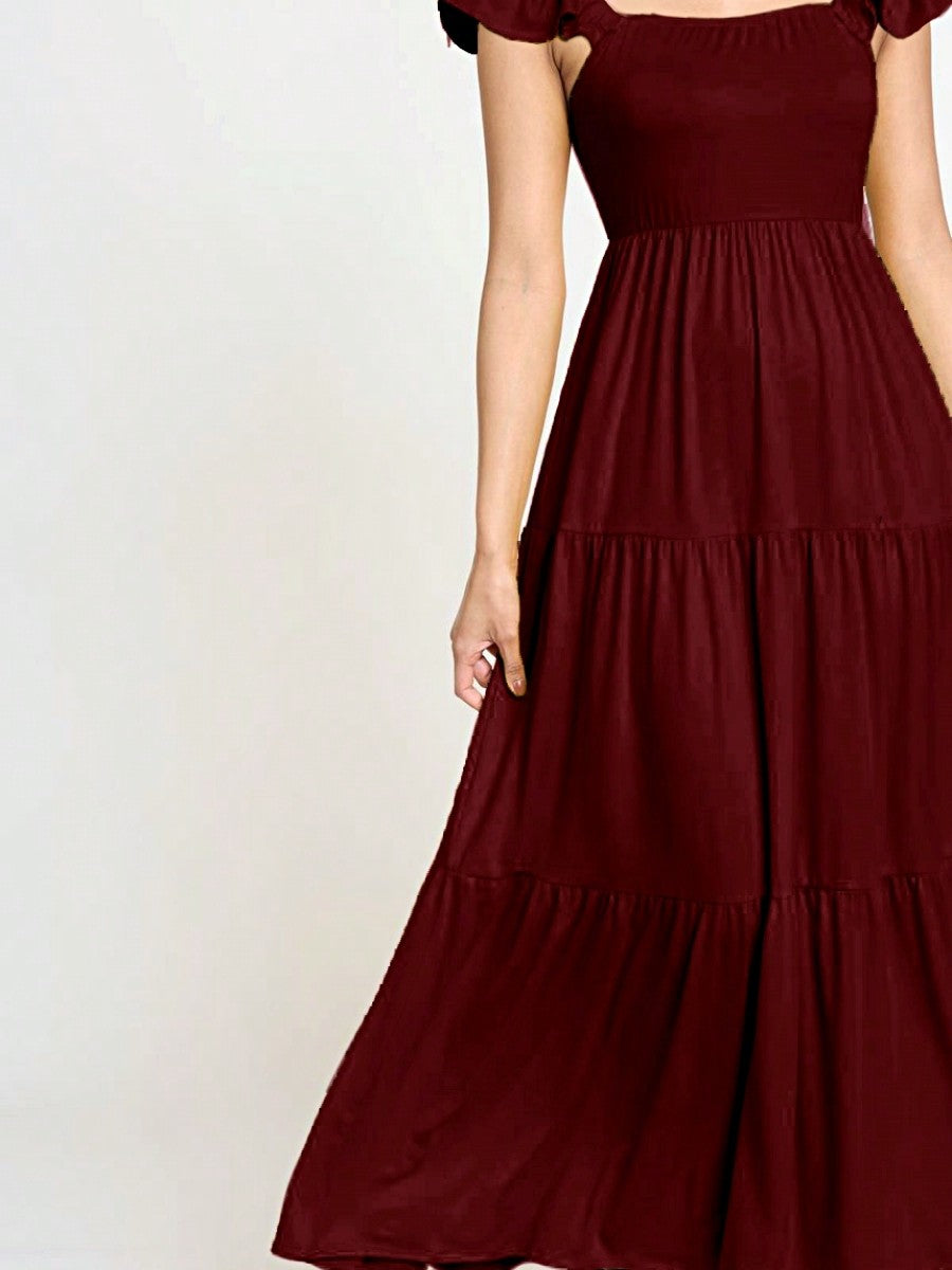 Boho Retro Tiered Long Dress Black Olive Yellow Mint Navy Ruffle Flutter Sleeve