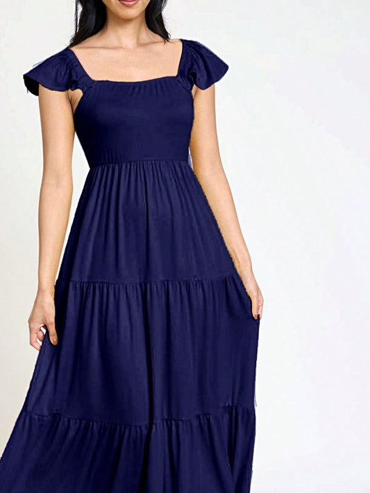 Boho Retro Tiered Long Dress Black Olive Yellow Mint Navy Ruffle Flutter Sleeve