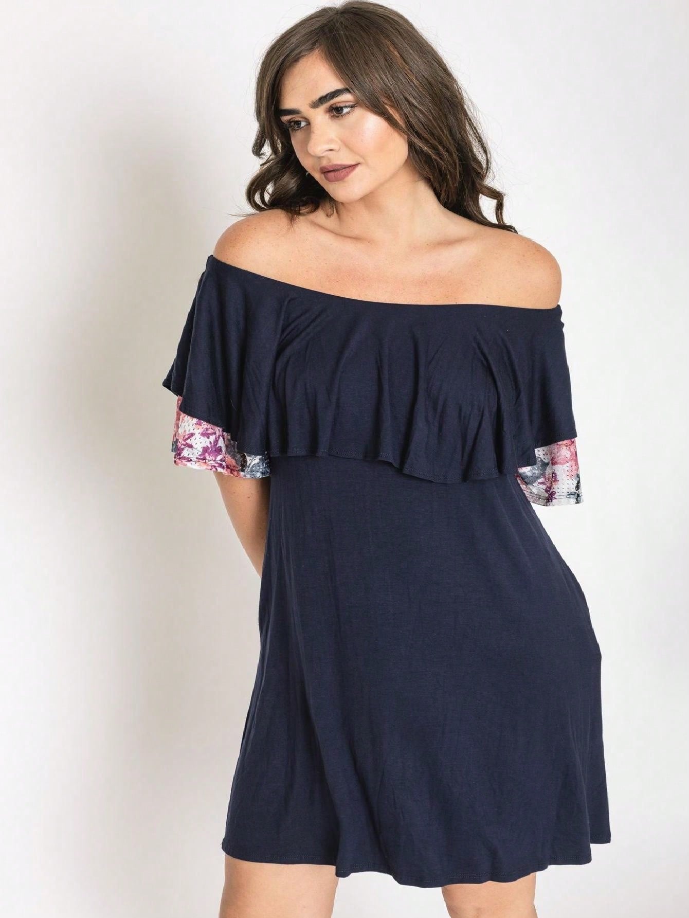 Boho Retro Off Shoulder Rayon  Mini Dress Ruffle Flounce Sleeve Lace Detail With Pockets