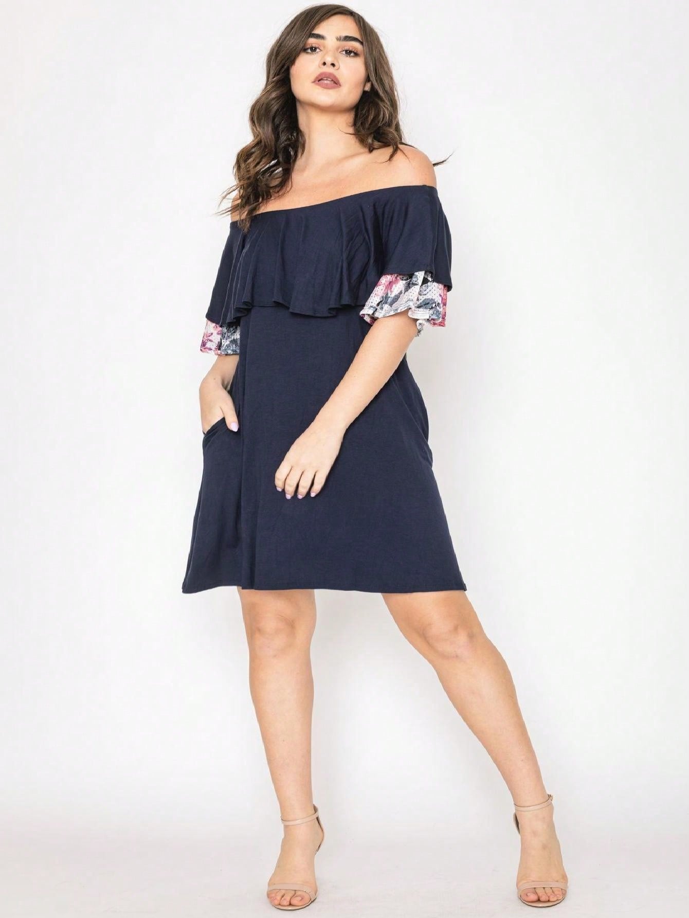 Boho Retro Off Shoulder Rayon  Mini Dress Ruffle Flounce Sleeve Lace Detail With Pockets