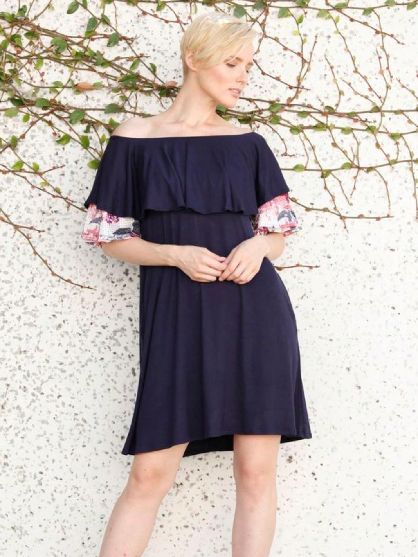 Boho Retro Off Shoulder Rayon  Mini Dress Ruffle Flounce Sleeve Lace Detail With Pockets