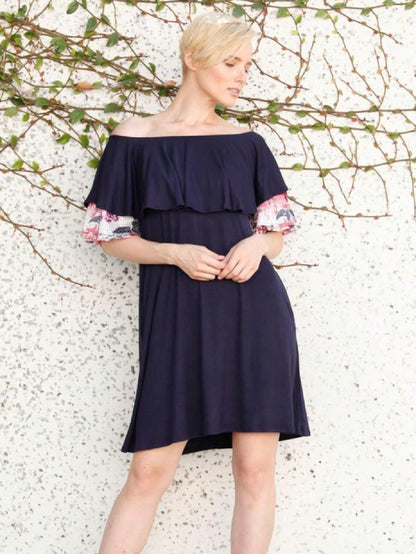 Boho Retro Off Shoulder Rayon  Mini Dress Ruffle Flounce Sleeve Lace Detail With Pockets