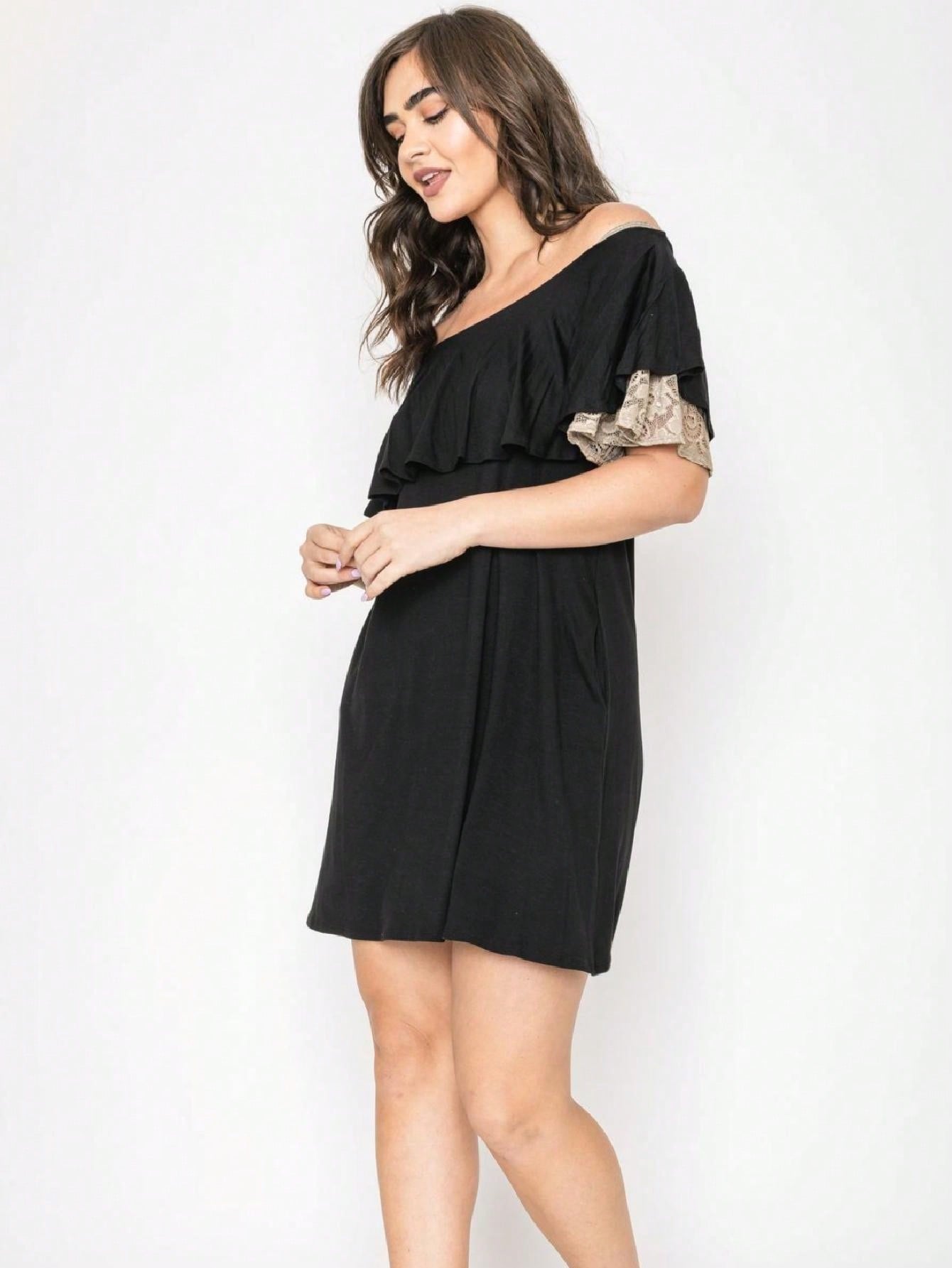 Boho Retro Off Shoulder Rayon  Mini Dress Ruffle Flounce Sleeve Lace Detail With Pockets