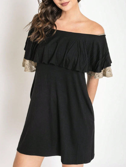 Boho Retro Off Shoulder Rayon  Mini Dress Ruffle Flounce Sleeve Lace Detail With Pockets