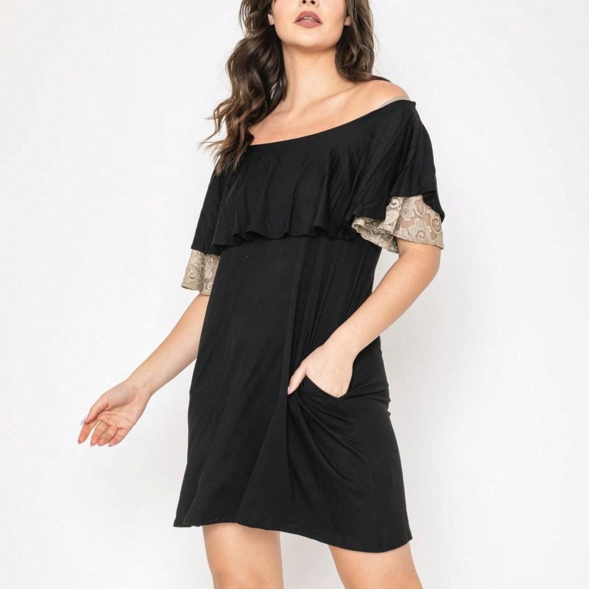 Boho Retro Off Shoulder Rayon  Mini Dress Ruffle Flounce Sleeve Lace Detail With Pockets