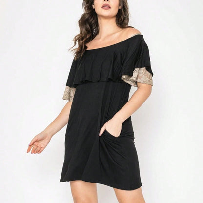 Boho Retro Off Shoulder Rayon  Mini Dress Ruffle Flounce Sleeve Lace Detail With Pockets