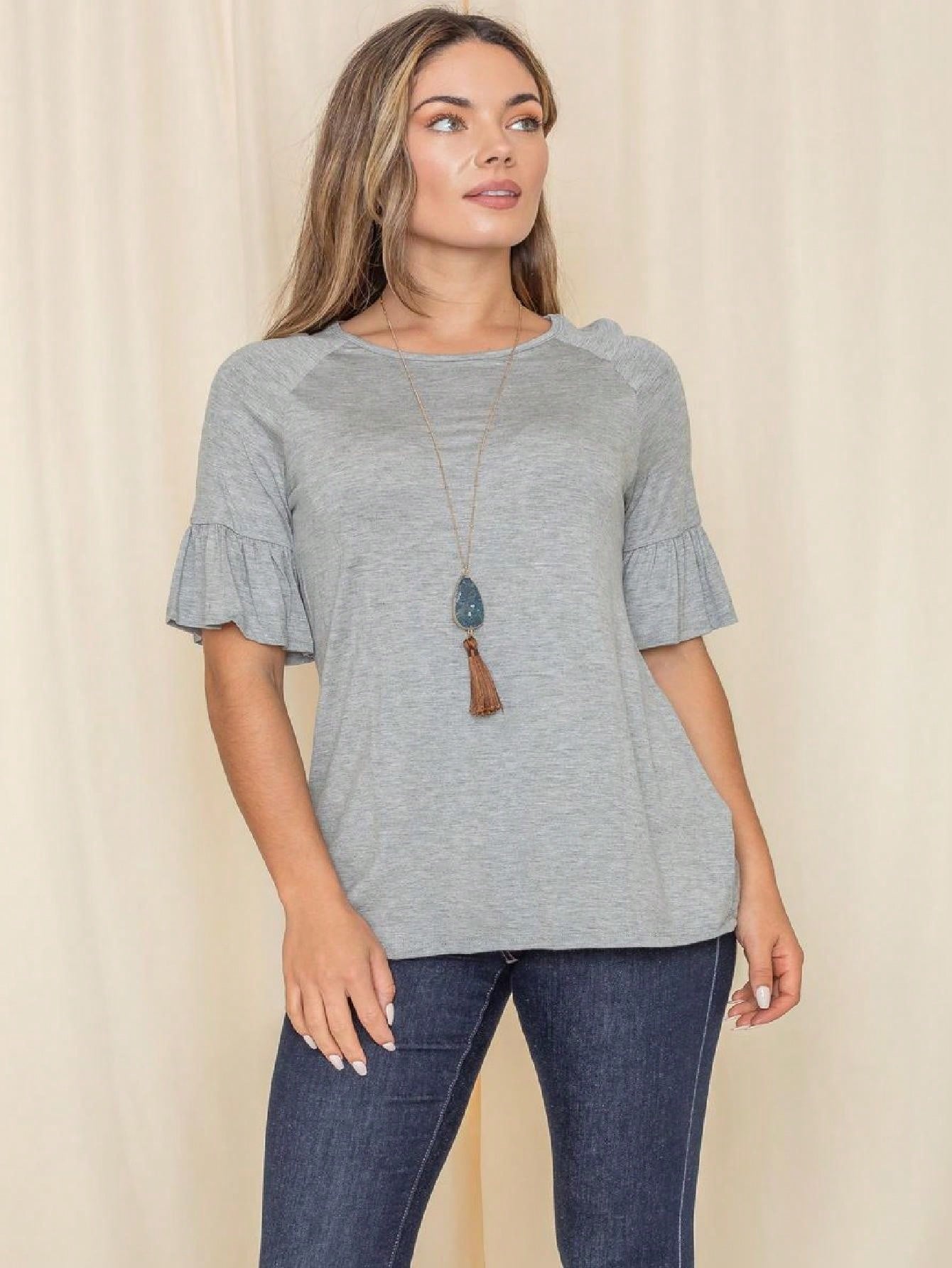 Summer Cool Rayon Boho Retro Vintage Ruffle Half Sleeve Grey Simple Tunic Top Shirt Blouse