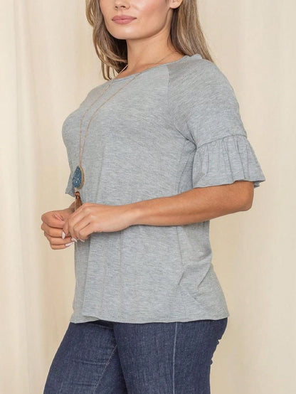 Summer Cool Rayon Boho Retro Vintage Ruffle Half Sleeve Grey Simple Tunic Top Shirt Blouse