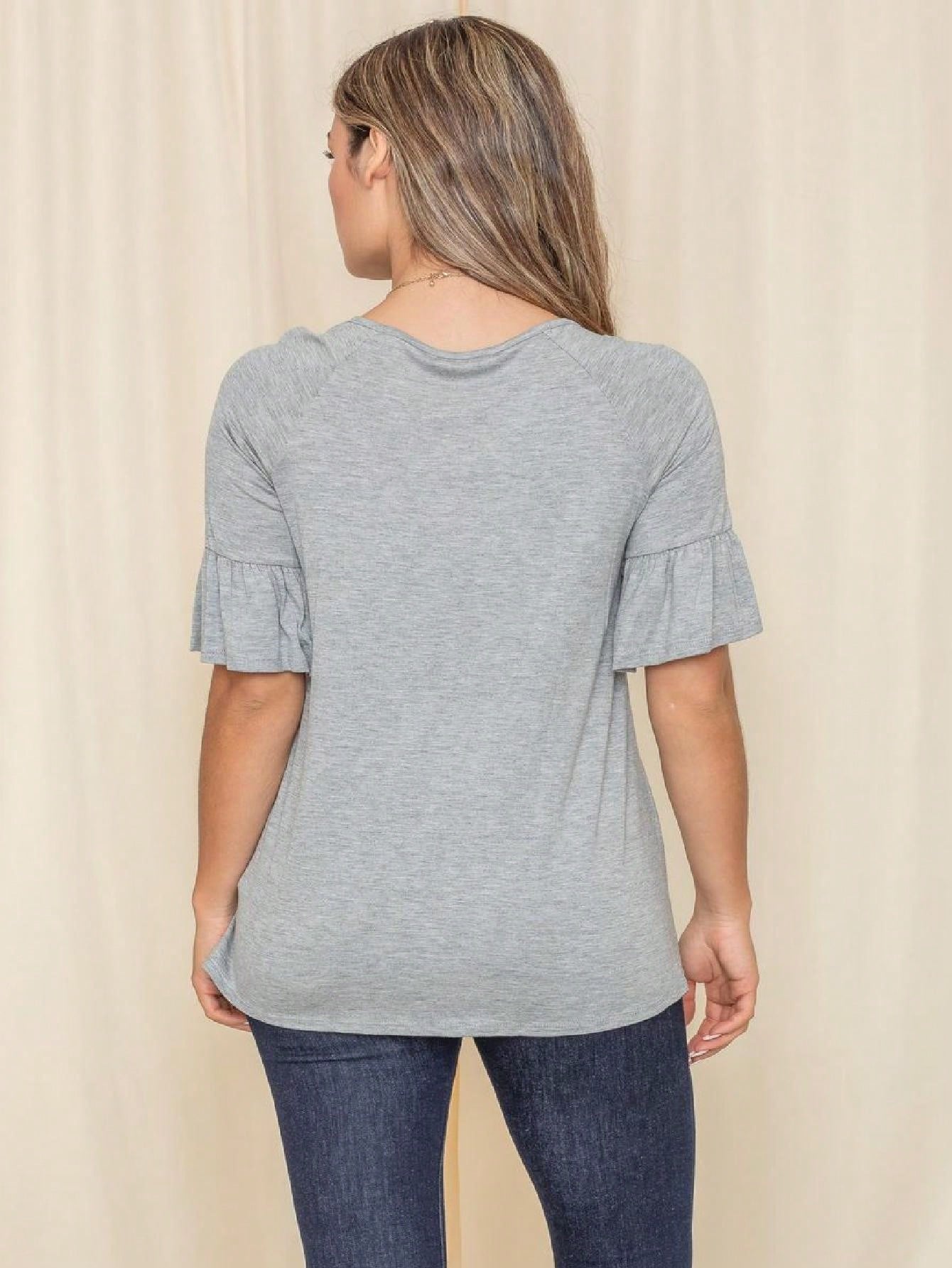 Summer Cool Rayon Boho Retro Vintage Ruffle Half Sleeve Grey Simple Tunic Top Shirt Blouse