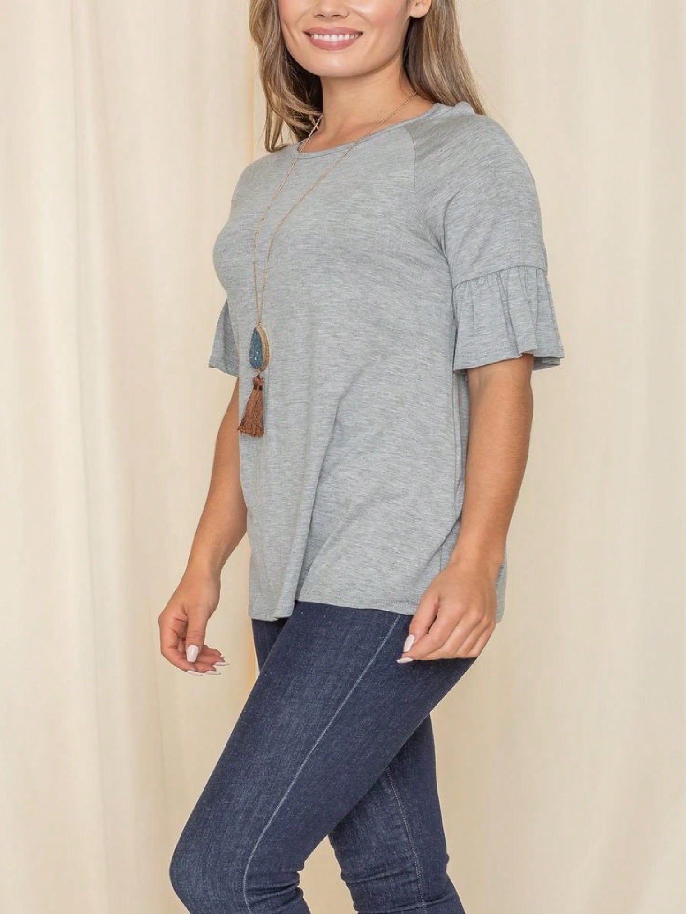 Summer Cool Rayon Boho Retro Vintage Ruffle Half Sleeve Grey Simple Tunic Top Shirt Blouse