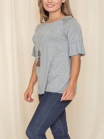 Summer Cool Rayon Boho Retro Vintage Ruffle Half Sleeve Grey Simple Tunic Top Shirt Blouse