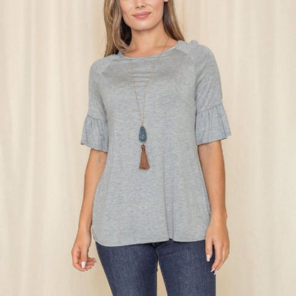 Summer Cool Rayon Boho Retro Vintage Ruffle Half Sleeve Grey Simple Tunic Top Shirt Blouse