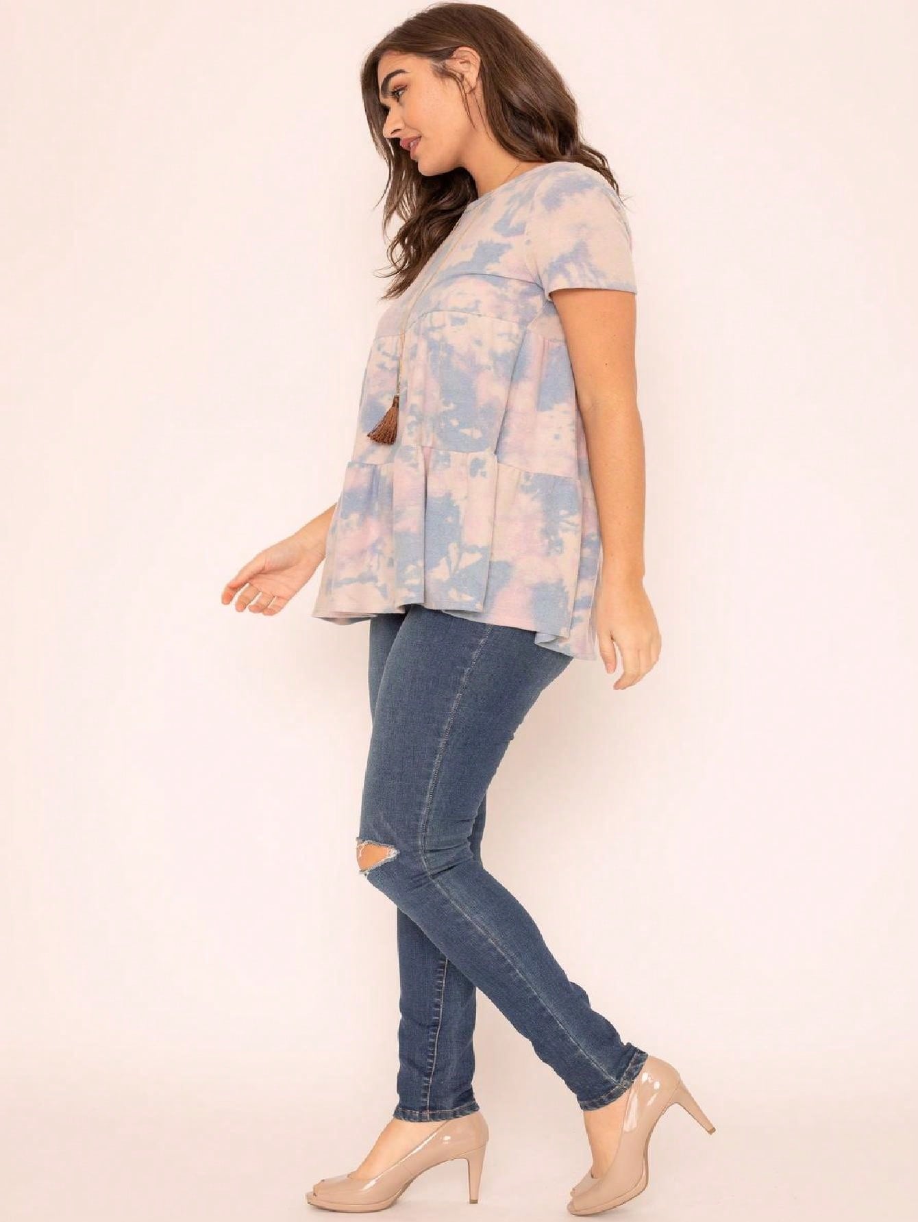Brushed Boho Retro Vintage 60's Tiered Tie Dye Light Pink Blue Short Sleeve Tunic Shirt Top