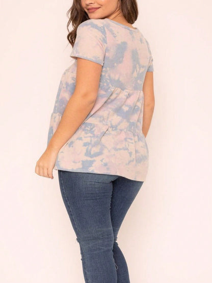 Brushed Boho Retro Vintage 60's Tiered Tie Dye Light Pink Blue Short Sleeve Tunic Shirt Top