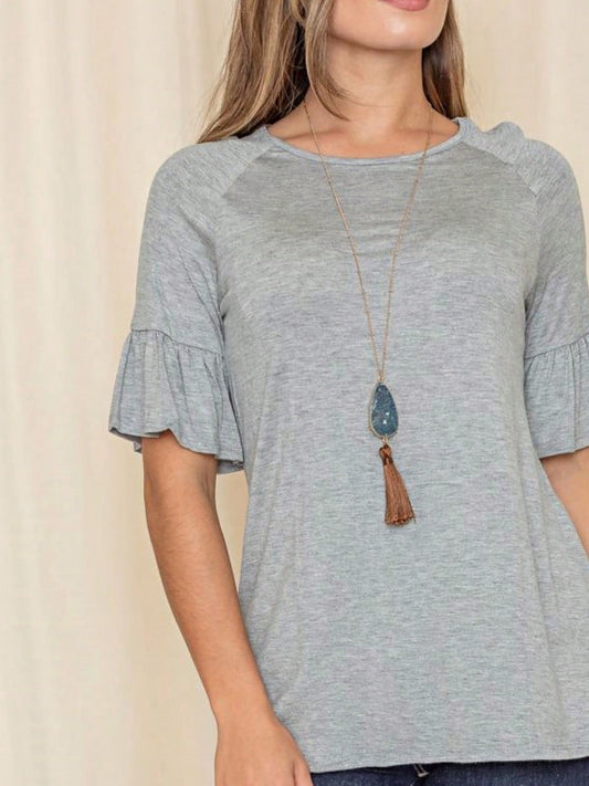 Summer Cool Rayon Boho Retro Vintage Ruffle Half Sleeve Grey Simple Tunic Top Shirt Blouse